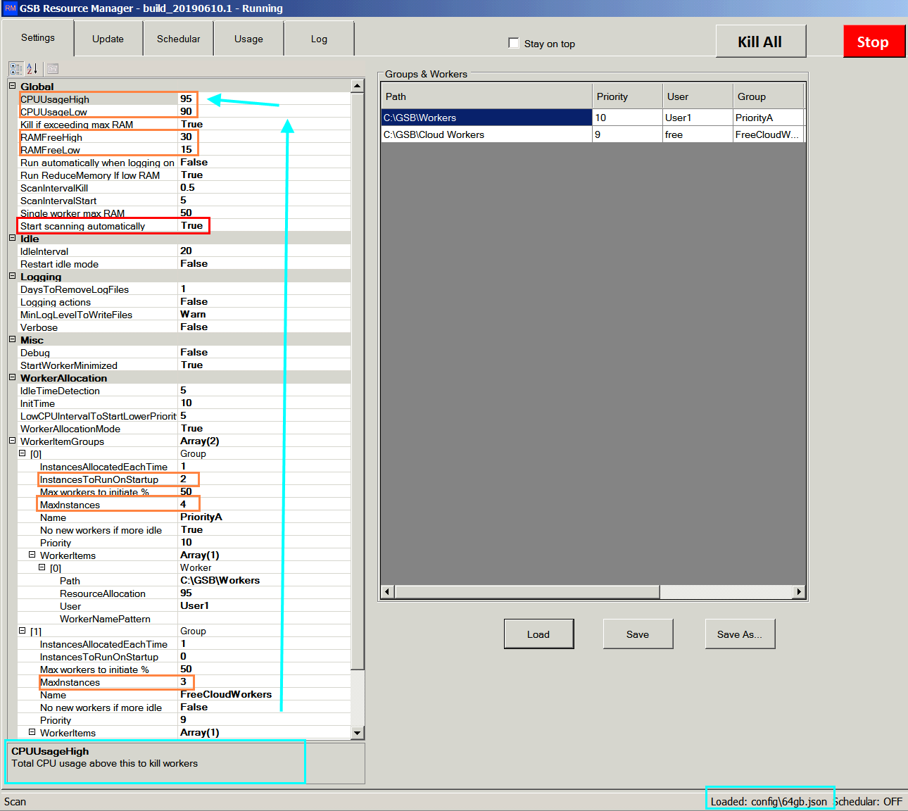 GSB Resource Manager settings and configuration panel
