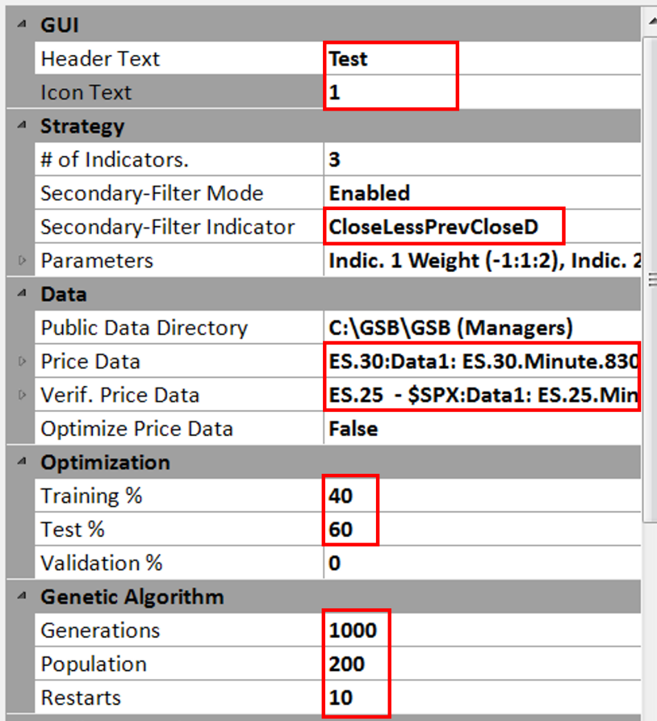 GSB GUI configuration showing strategy settings, data paths, and optimization parameters