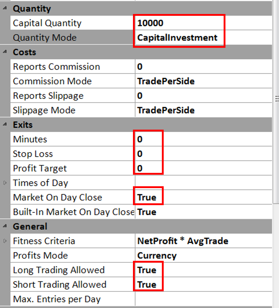 Capital quantity, costs, and exit settings configuration