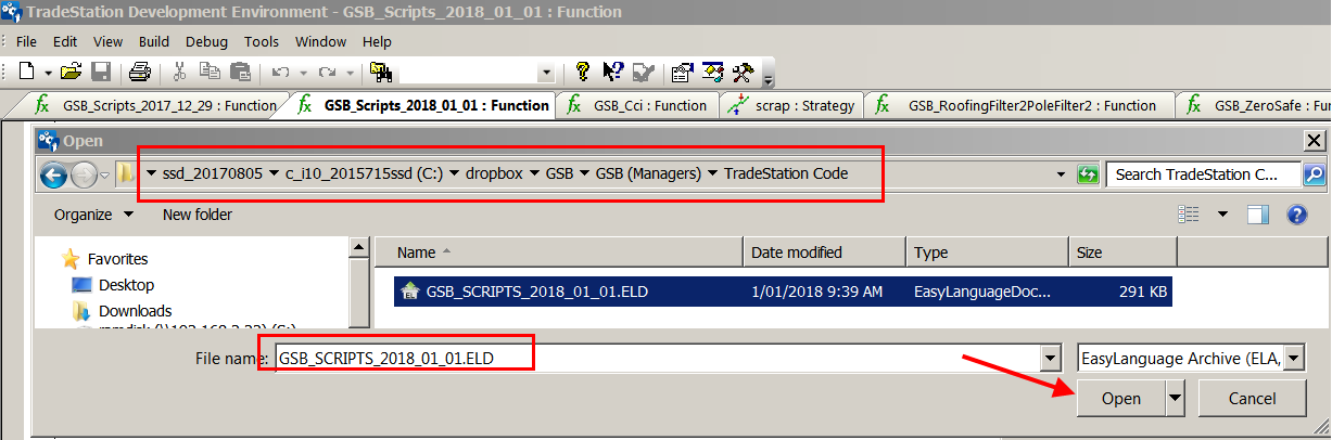 TradeStation Development Environment file browser with GSB_SCRIPTS_2018_01_01.ELD file selected