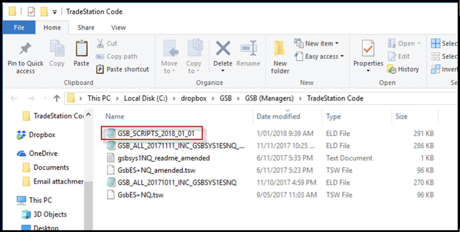 Windows File Explorer showing TradeStation Code folder with GSB_SCRIPTS_2018_01_01 ELD file highlighted
