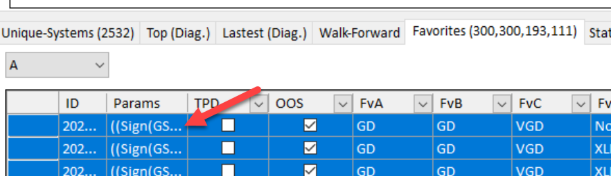 System parameters table showing ID and parameter columns with checkboxes