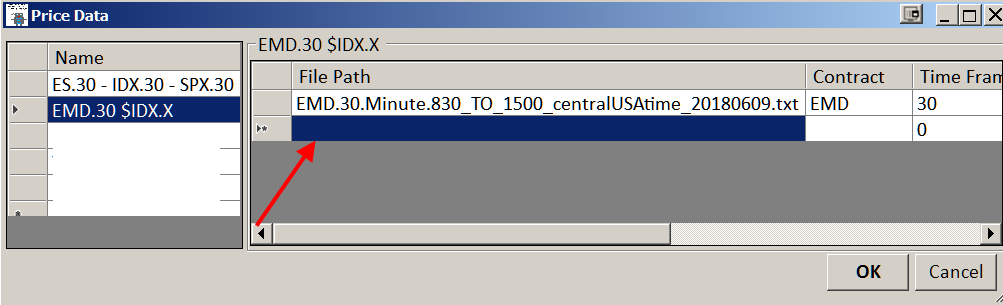 Data configuration showing file path, contract, and timeframe settings