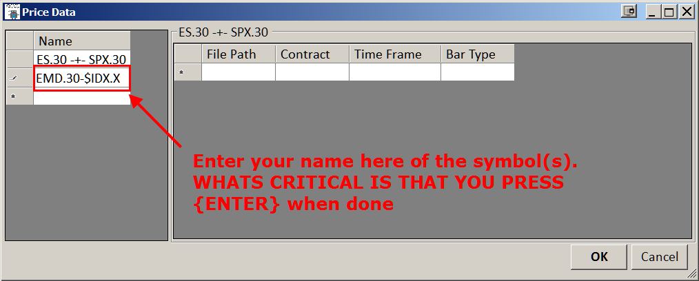 Price Data window showing symbol naming - press ENTER when done