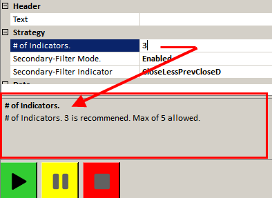 Strategy configuration showing number of indicators set to 3 with note that max of 5 is allowed