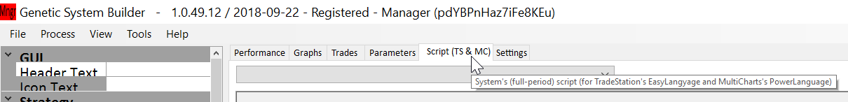 Script tab in GSB Pro showing full-period script for TradeStation's EasyLanguage and MultiCharts' PowerLanguage