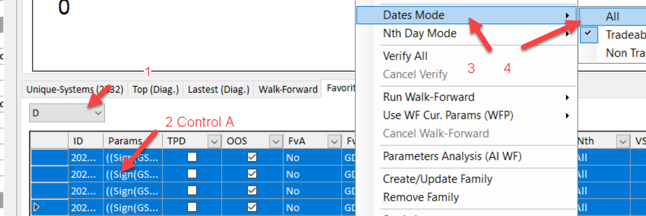 Dates Mode menu showing options for All, Tradeable, and Non Tradeable date filtering