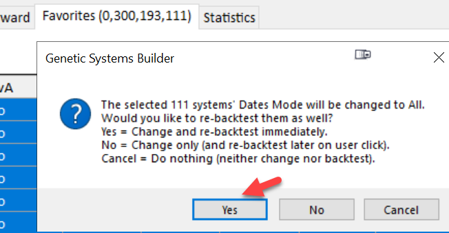 Confirmation dialog asking if 111 systems should have Dates Mode changed to All with option to re-backtest