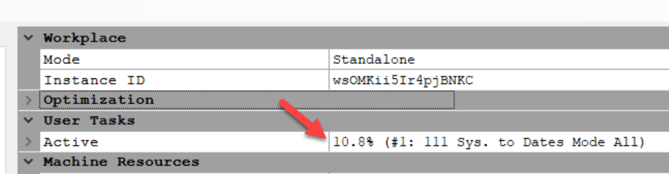 User Tasks panel showing Active task progress at 10.8% with 111 systems to process in Dates Mode All