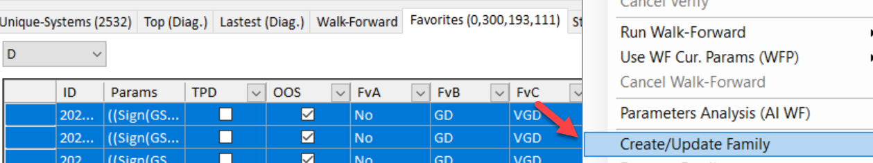 Right-click menu showing Create/Update Family option highlighted among other system management options
